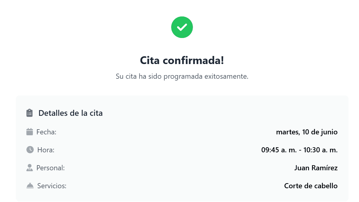 Agenda inteligente mostrando confirmación de una cita